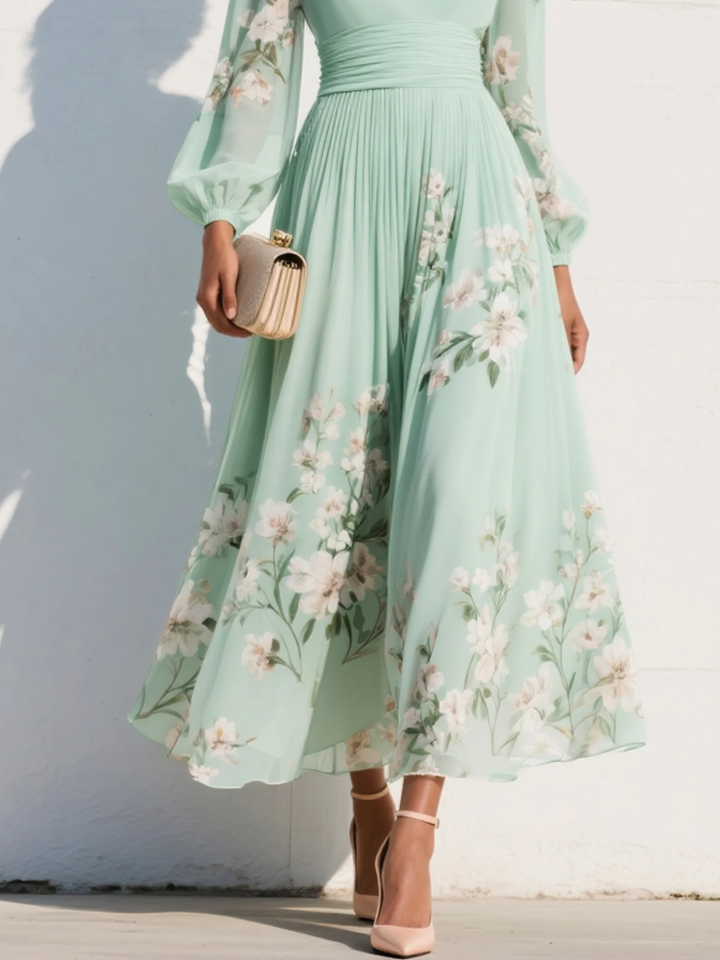 Enni | Ljusgrön Blommönstrad Midiklänning