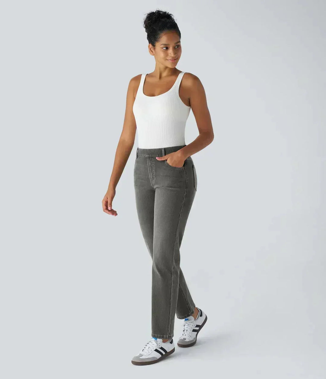 Karolína Eleganta Högmidjade Bekväma Elastiska Jeans