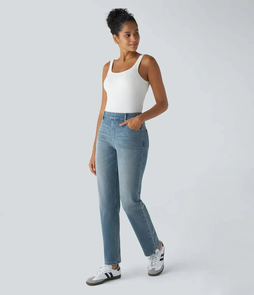 Karolína Eleganta Högmidjade Bekväma Elastiska Jeans