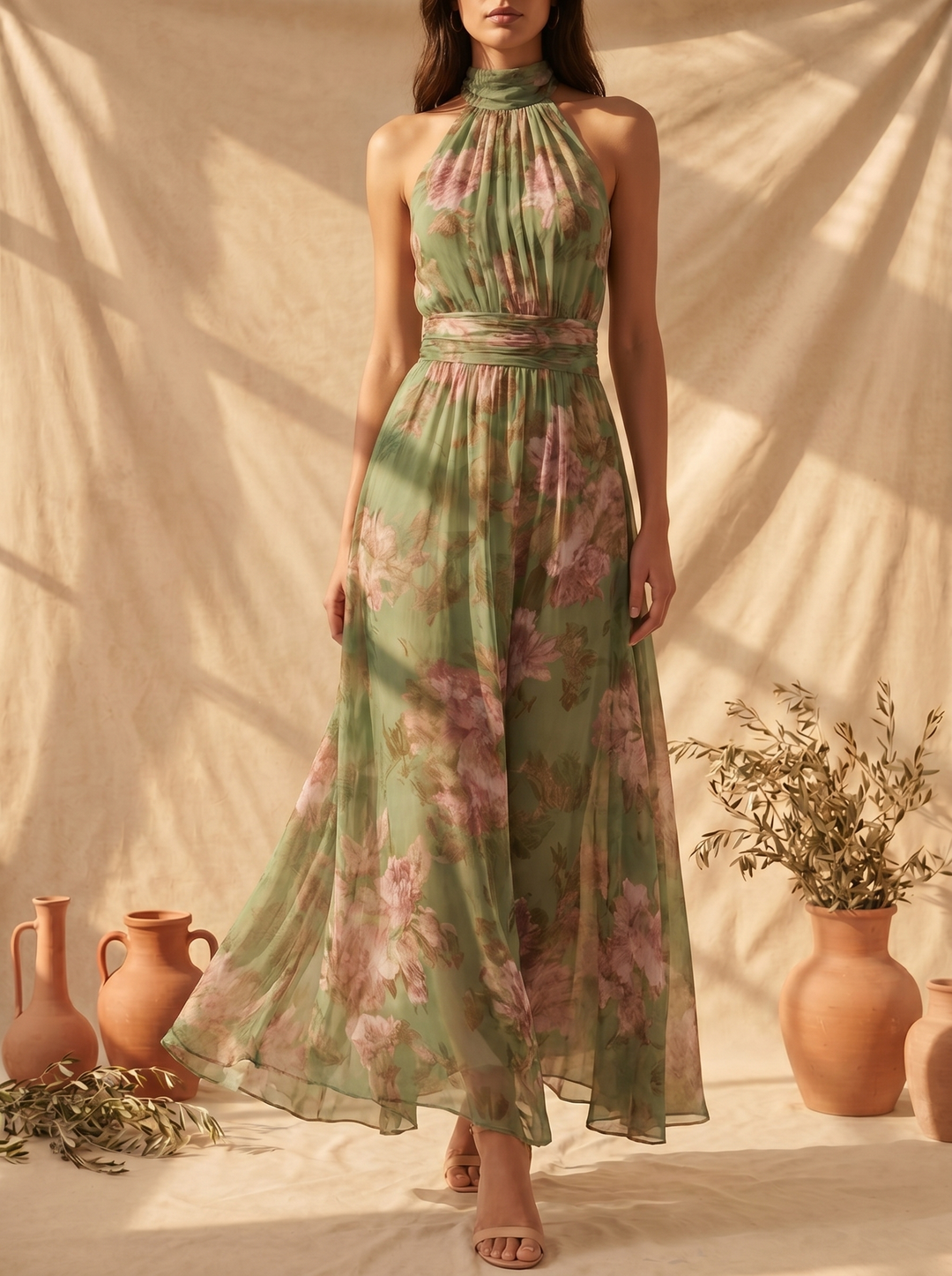 Elsa | Elegant Blommönstrad Maxiklänning med Halterneck